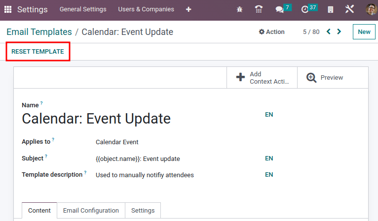 重設電郵範本。