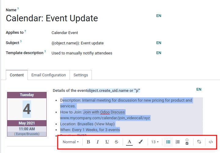 電郵範本中的富文本編輯器。