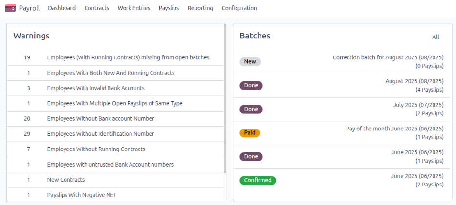 The dashboard view of the Payroll app, with the warnings box visible.