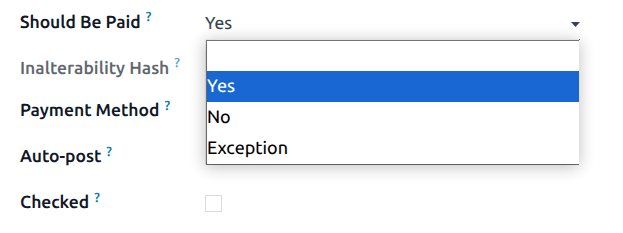 Status des Felds „Sollte bezahlt sein“ auf Entwurf einer Lieferantenrechnung.