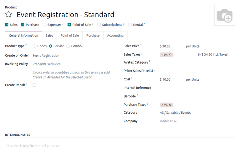 View of an event registration product form in Odoo.