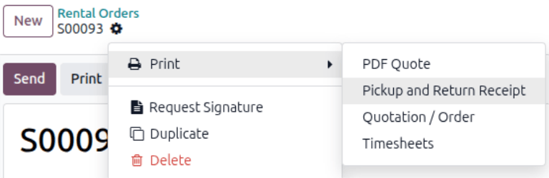 Die Druckoption für Abhol- und Rückgabebelege in Odoo Vermietung.
