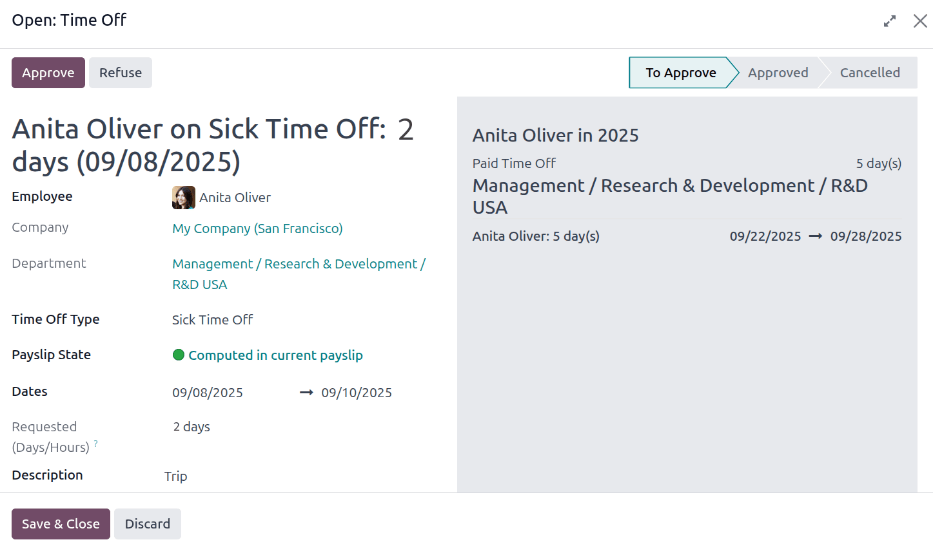 The detailed time off request information.