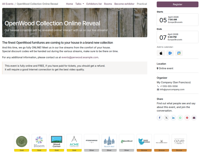 Event sponsors logos in footer in Odoo Events.