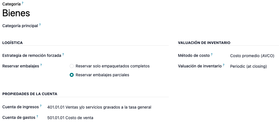 Configuración de la categoría de los productos almacenables.