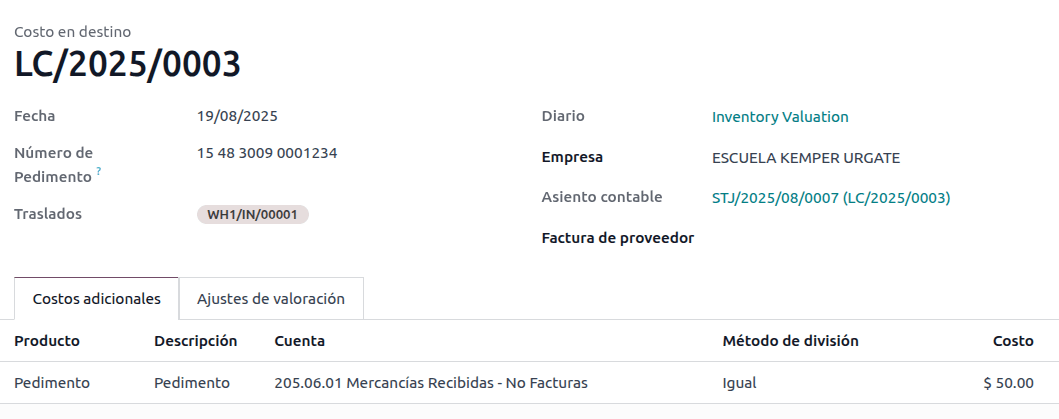 Número de pedimento en costes de destino en el registro de inventario.