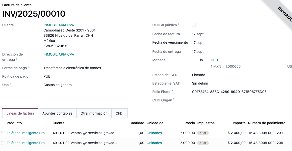 Número de pedimento en un producto de una orden de venta confirmada.