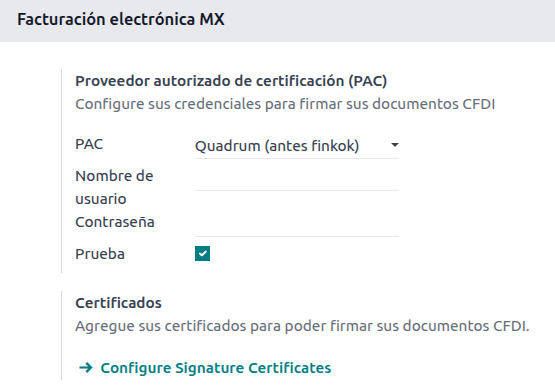 Configuración de las credenciales del PAC desde los ajustes de Contabilidad.