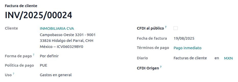 Ejemplo de una factura con los requisitos de PUE.