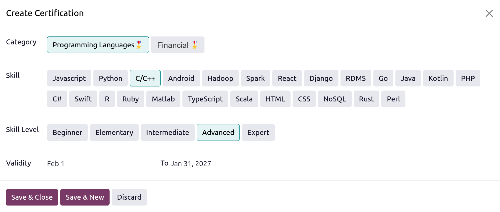 La ventana emergente de certificación muestra toda la configuración para una certificación C/C++ Avanzado.