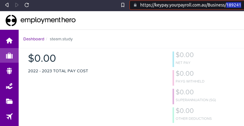 El número de ID de la empresa de Employment Hero está en la URL