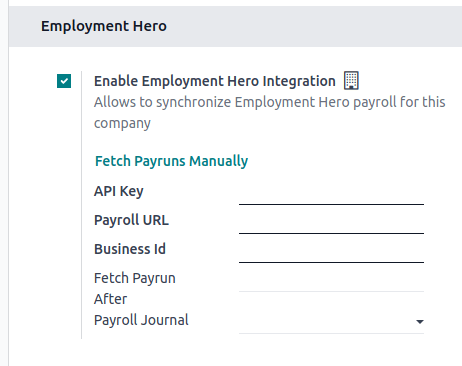 Habilitar la integración con Employment Hero en la aplicación Contabilidad de Odoo mostrará nuevos campos en los  ajustes