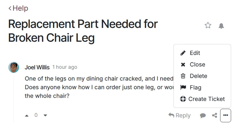 Una publicación del foro con la opción visible para crear un ticket.