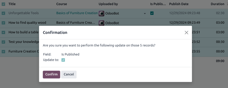 Vista del contenido de un curso que se está publicando desde el backend de la aplicación Soporte al cliente de Odoo.