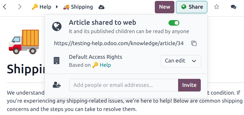 Vista de un artículo de Información con énfasis en las opciones de compartir y publicar.