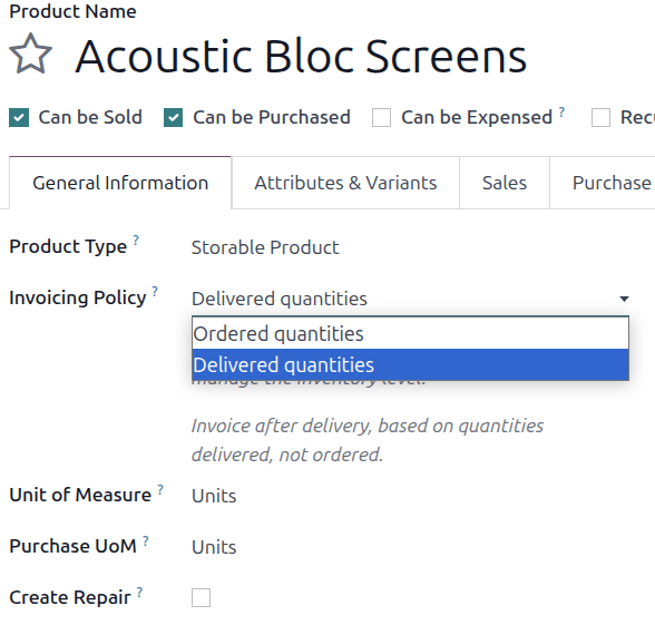 Cómo cambiar la política de facturación en el formulario de producto en la aplicación **Ventas**.