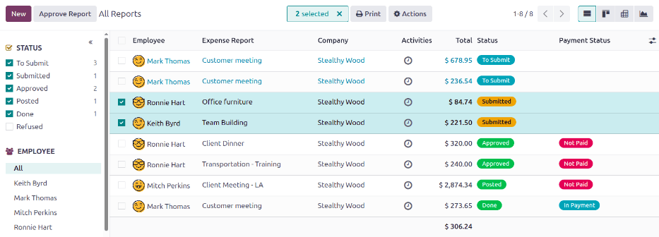 Select multiple expense reports at once.