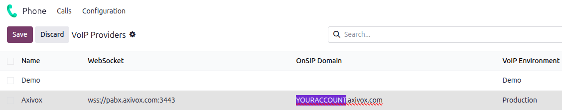 Axivox configuration settings in the *Odoo Phone* app.