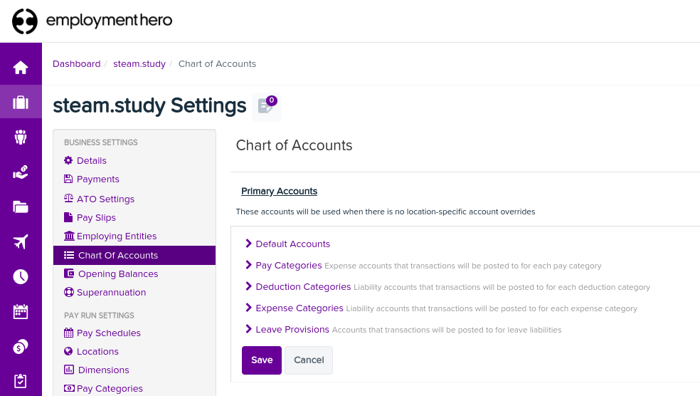 Menu du plan comptable dans Employment Hero