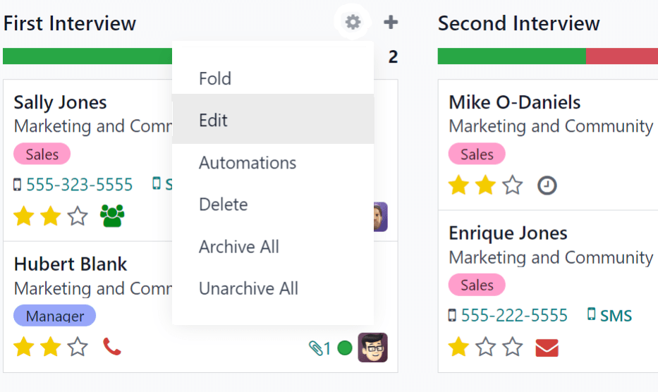 The gear icon that appears when a column name is moused over, and the drop-down menu it displays when clicked.