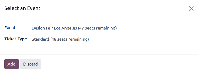 Standard 'Select an Event' pop-up window that appears on an event ticket sales order.