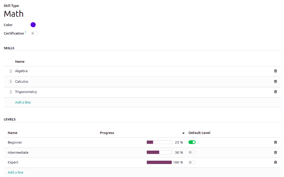 A skill form for a Math skill type, with all the information entered.