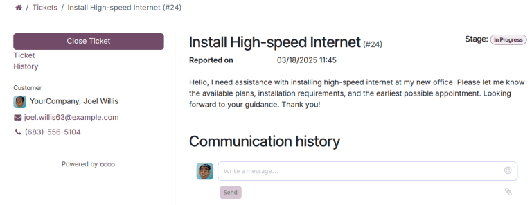 Customer view of ticket closing in Odoo Helpdesk.