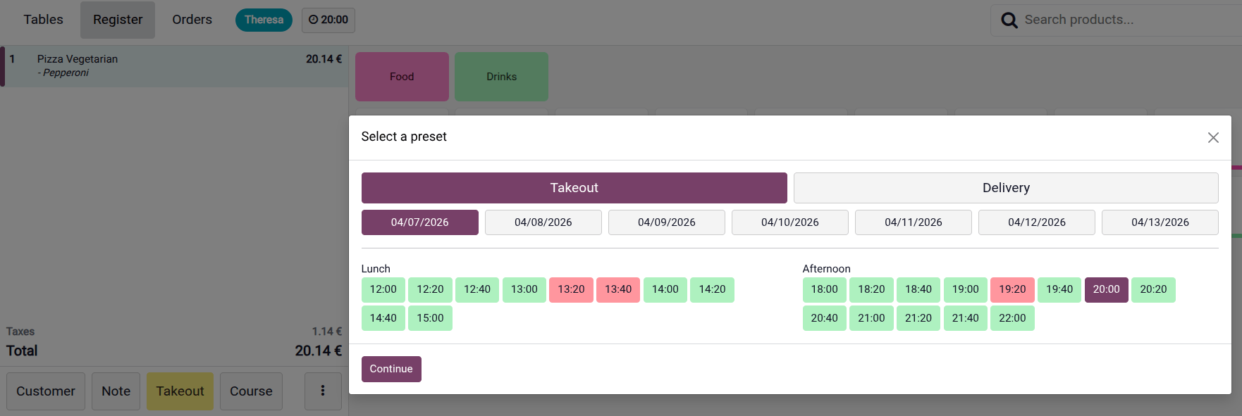 Choose a time for a takeout order.