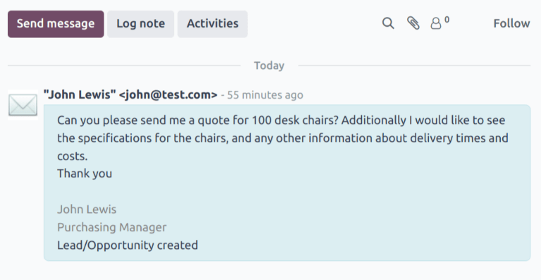 CRM 앱에서 새로 생성된 영업제안의 메시지창 스레드입니다.