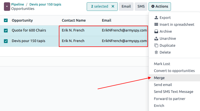 Lijst met vergelijkbare leads en kansen geselecteerd voor samenvoeging in de CRM app.
