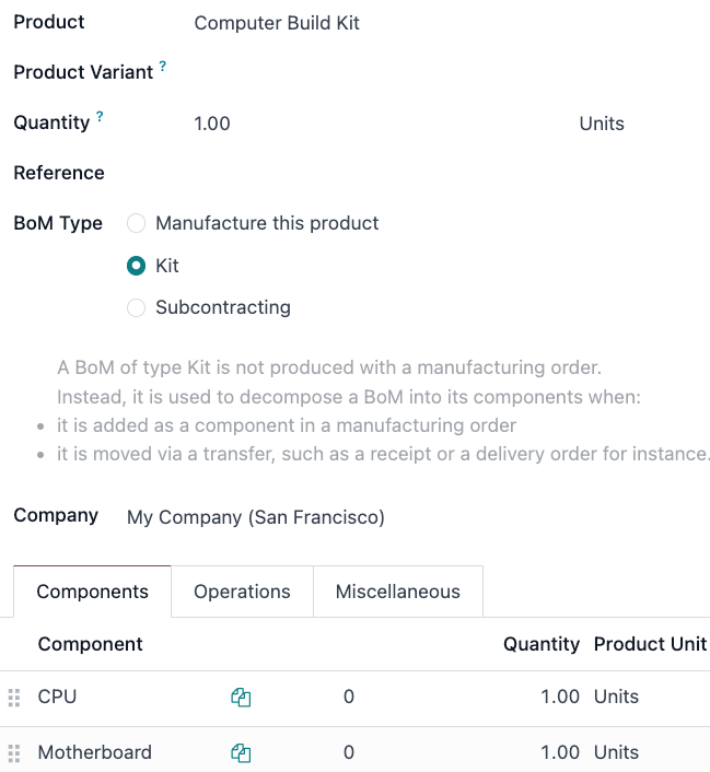 Seleção de kits na lista de materiais.