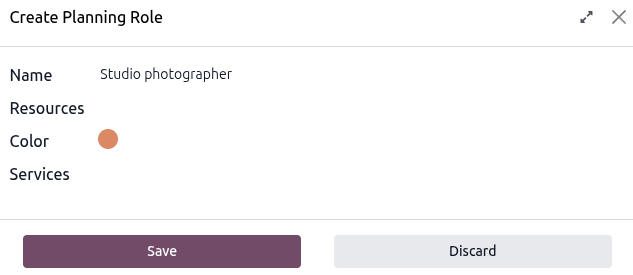 Sample of the Create Planning Role window for a service product in the Rental app.