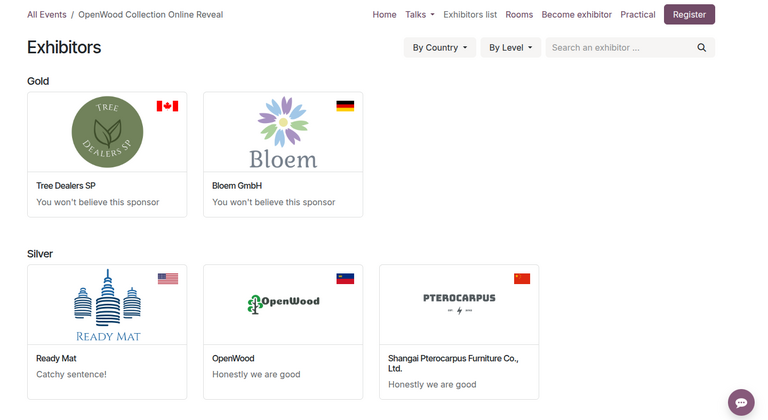 Event exhibitors on the website in Odoo Events.