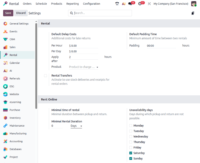 The Rental setting view in the Rental app.