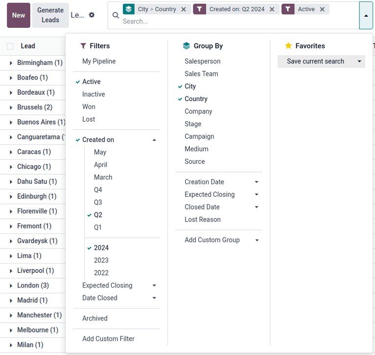Selecione qualquer número de filtros e grupos nas opções de pesquisa.