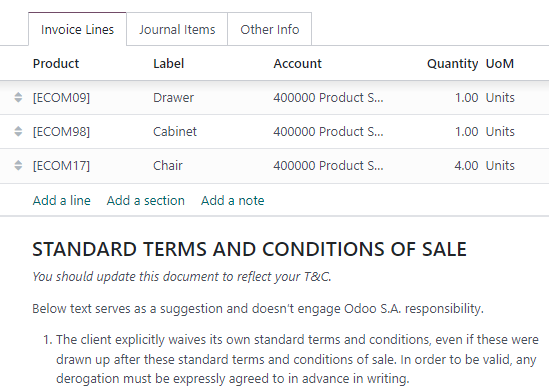 Exemplo de termos e condições como uma nota