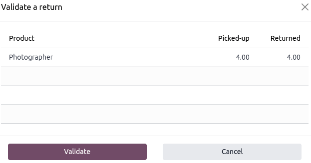 Sample of returning a service product in the Rental app.