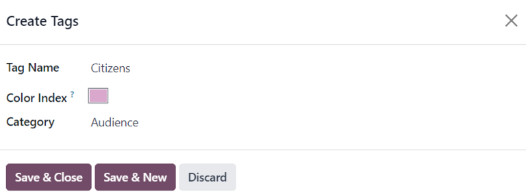 Formularul pop-up Create Tags care corespunde cu meniurile derulante de filtrare de pe pagina Prezentări.
