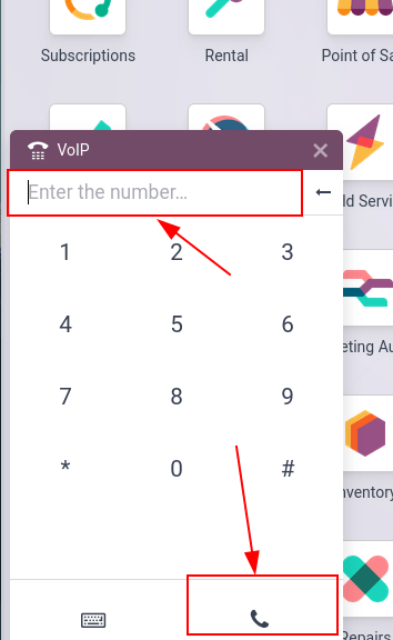 Conectarea la o extensie de conferință folosind widget-ul Odoo VoIP.