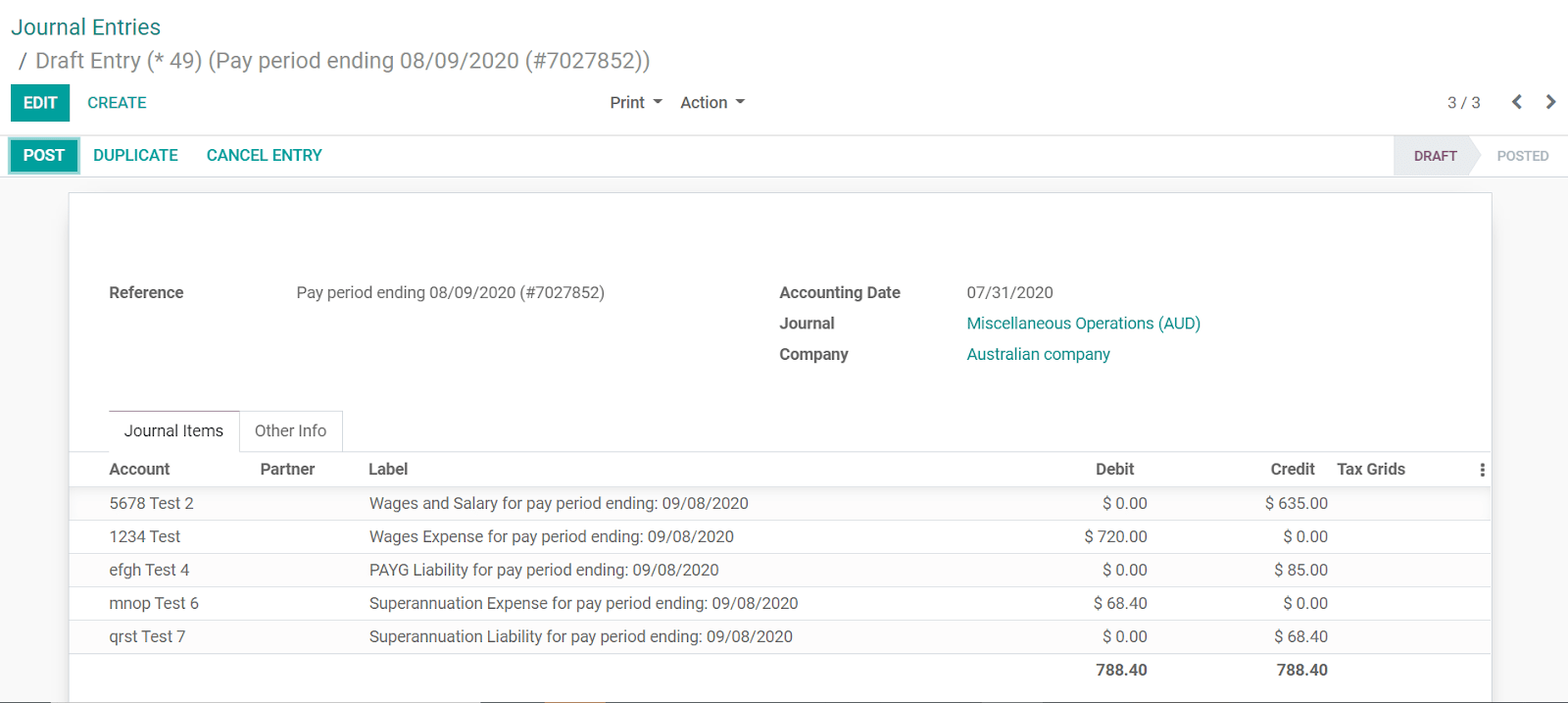 Exempel på en Employment Hero Journal Entry i Odoo Accounting (Australien)