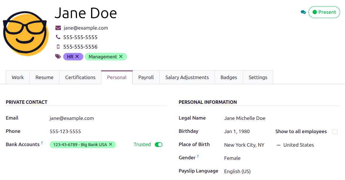 Where bank account information is located on the employee profile.