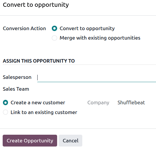 Create opportunity pop-up.