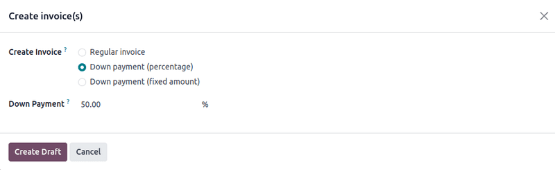 Create invoice(s) pop-up form that appears in Odoo Sales.