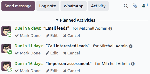 Chuỗi cửa sổ trò chuyện của một cơ hội CRM với kế hoạch hoạt động đã được triển khai.