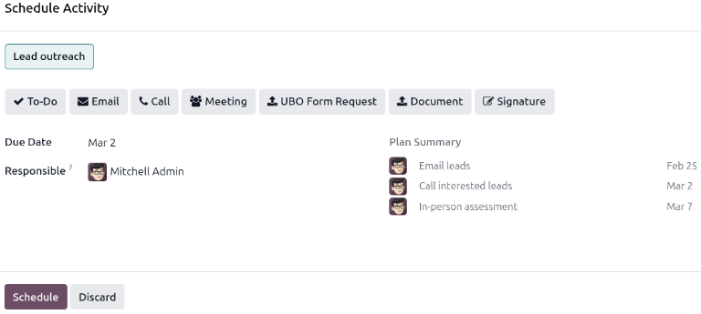 Cửa sổ bật lên lên lịch hoạt động với một Kế hoạch hoạt động đã được chọn.
