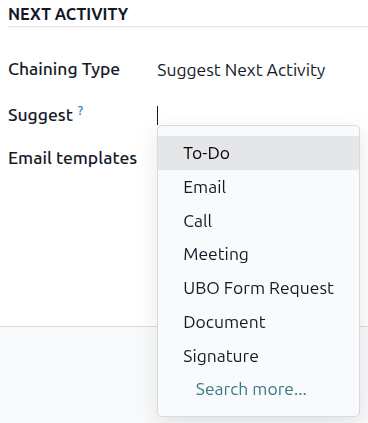 The next activity section with the Chaining Type set to Suggest Next Activity.