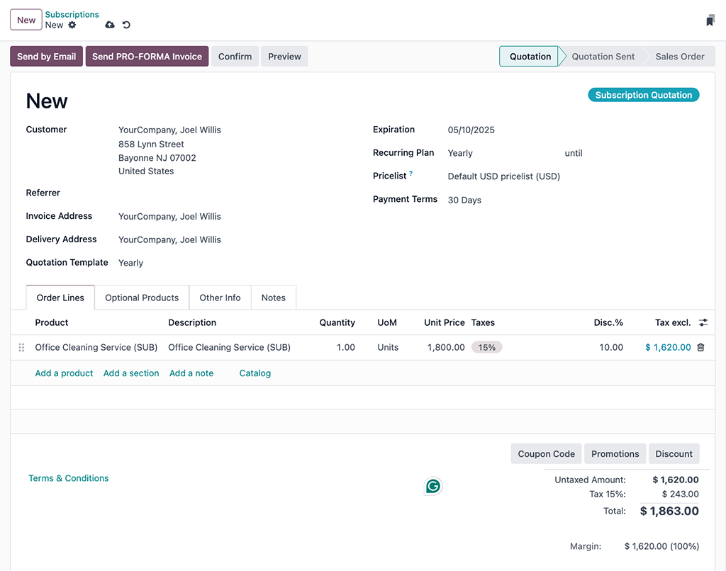 A completed example of a new subscription quotation in Odoo.