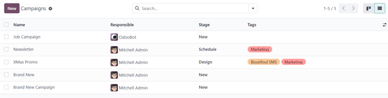 在 Odoo 电子邮件营销的列表视图中查看营销活动页面。