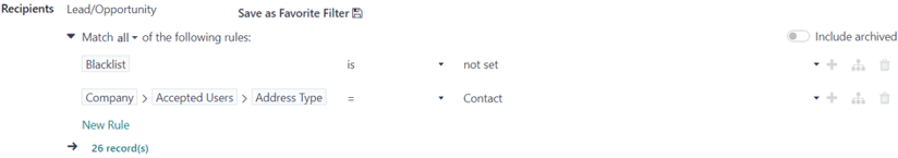 在 Odoo 电子邮件营销中，可以自定义收件人筛选器的视图。