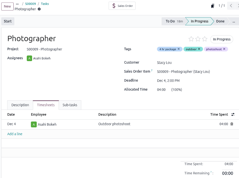 Sample of a task Timesheet tab for a rental order in the Rental app.